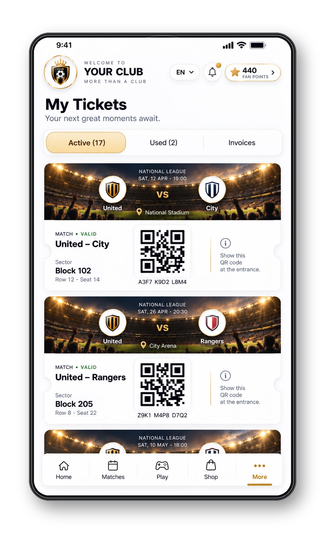 Approved ClubFan My Tickets screen