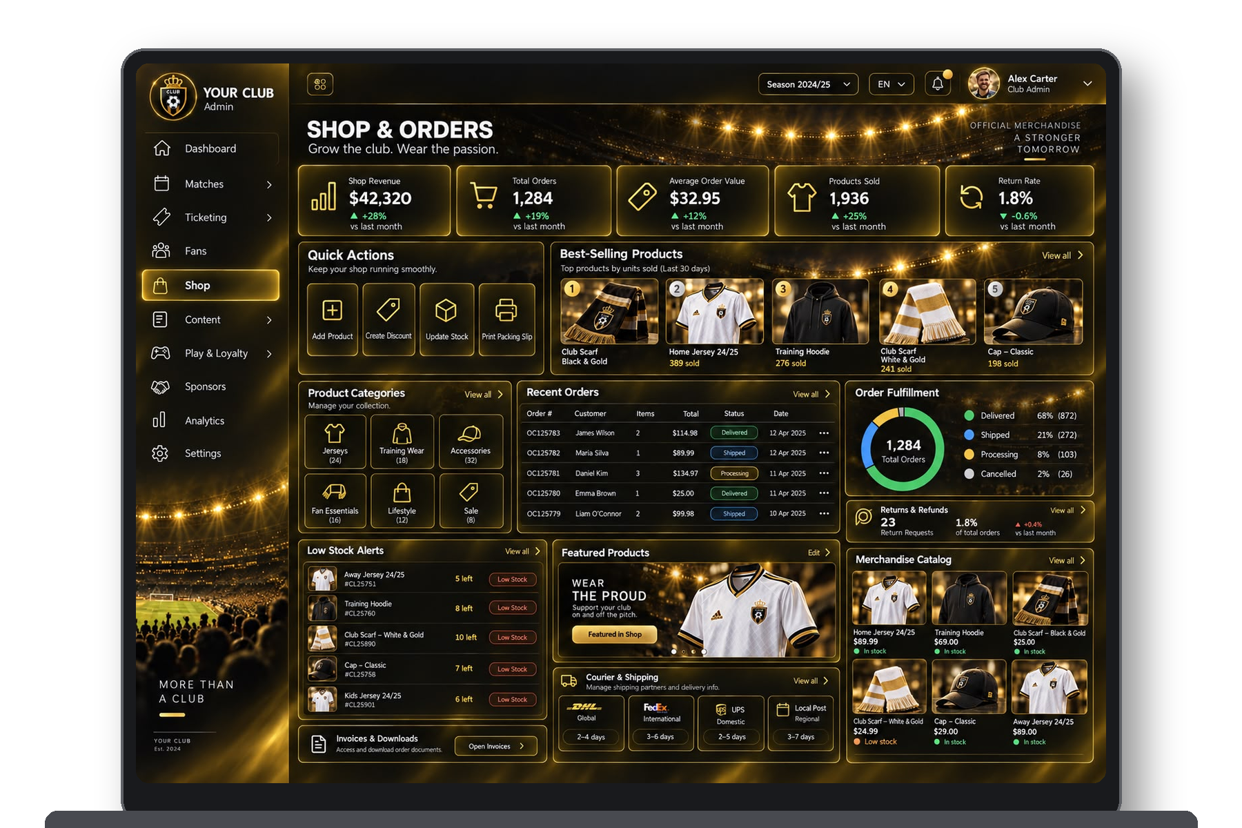 Approved Club Admin Shop and Orders laptop screen